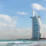 Stunning view of Burj Al Arab with a serene beach setting in Dubai, UAE.